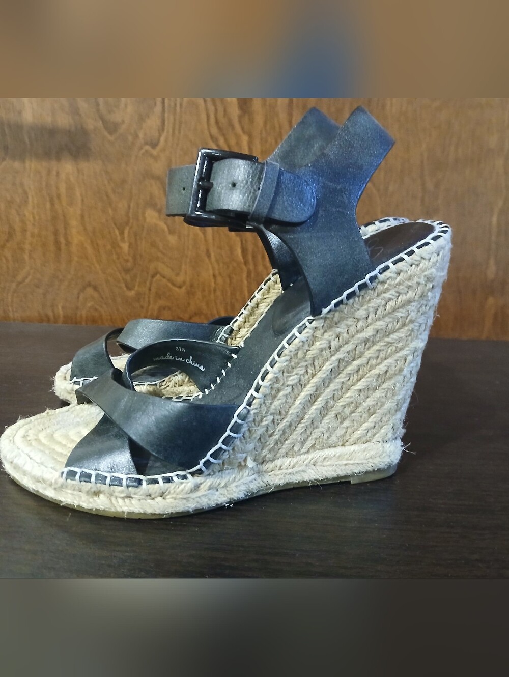 JOIE black leather jute wedges